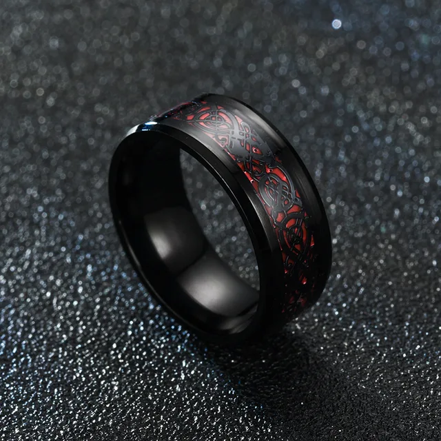 Anello In Carburo Di Tungsteno Uomo/Donna Con Drago Celtico E Fibra Di Carbonio - Per Matrimonio, Fidanzamento, Bianco E Rosso - Foto 2