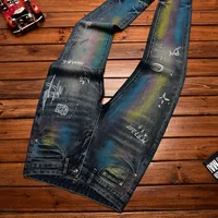 High-End Trendy Jeans Men's Splashed Ink Printing American Street Slim Fit Skinny Stretch Casual Autumn and Winter Trousers 1