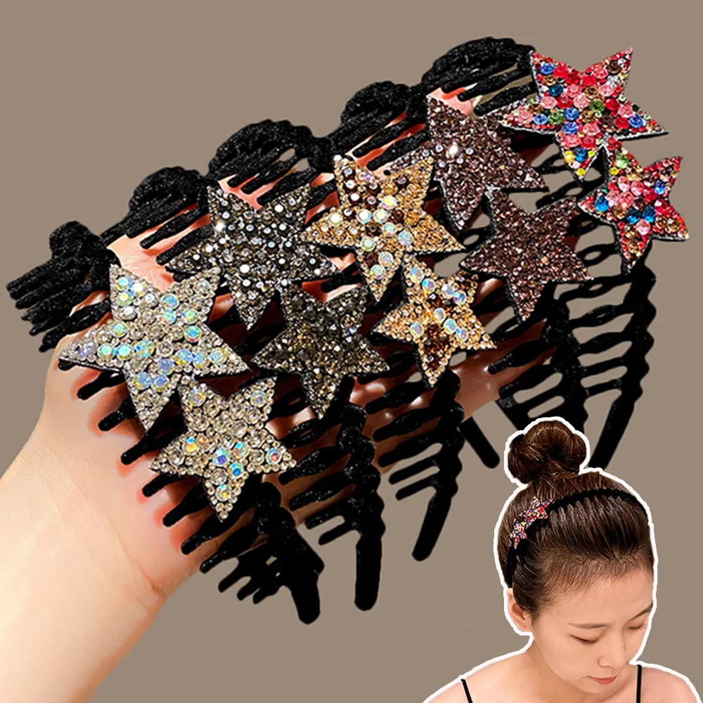 

Fashion Double Star Rhinestones Headbands Hair Band Flocking Toothed Non-slip Hair Hoop Shinny Sequins Women Hair Accessories