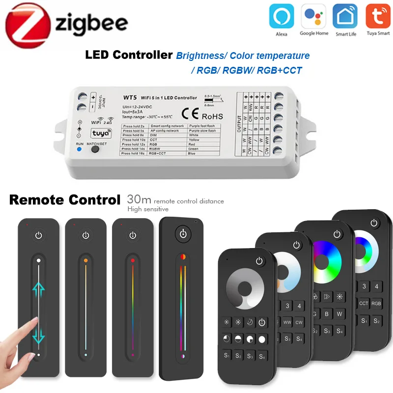 Tanie 5w1 TUYA Zigbee inteligentny kontroler LED DC12V 24V DIM RGB