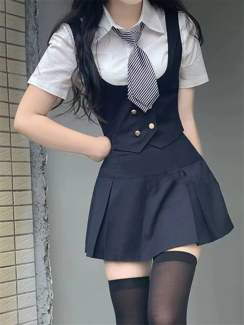 American Hot Girl Style Short Skirt Pleated Skirt Suit JK Uniform Suit Short-sleeved Shirt and Tie Female Summer Vest Shirt Sets