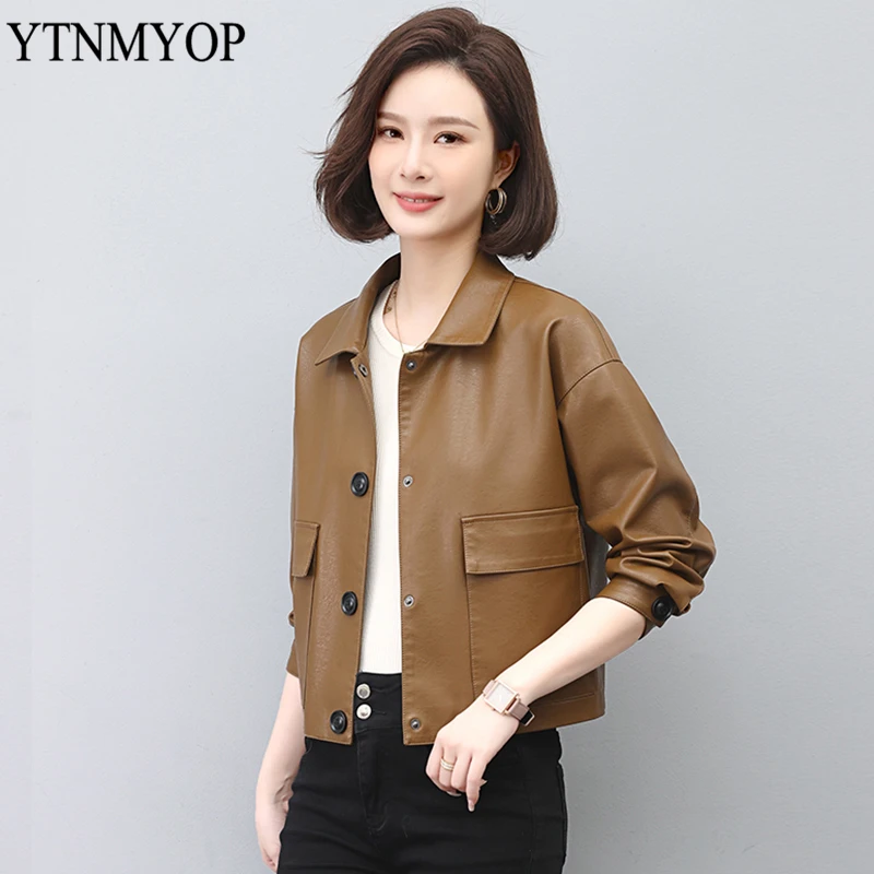 

YTNMYOP Button Leather Coat Female Spring And Autumn Fashion Clothing Outwear L-5XL Turn-Down Collar Jackets Abrigo Mujer