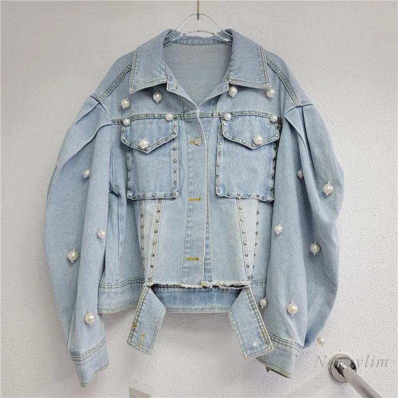 

Fall 2023 New Fashion Women's Loose Denim Jacket New Big Pearl Beaded Light Blue Denim Coats Loose All-Matching Jeans Top Femme
