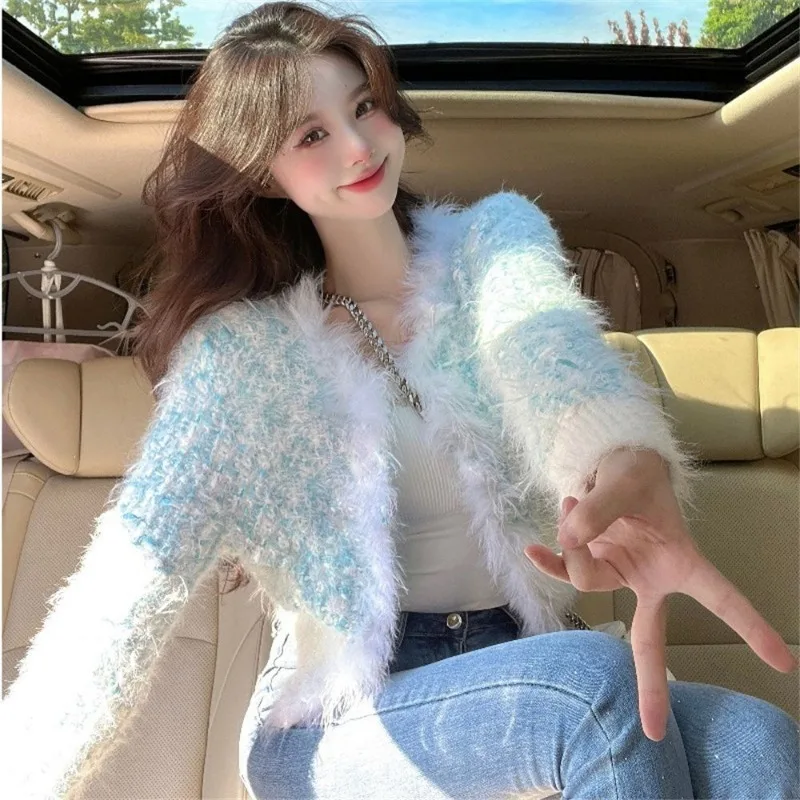 Women Sweet Lazy Jacket Small Fragrant Coat Gentle Plush Spliced Long Sleeved Blouse Wearing Unique Stylish Slimming Top Outwear