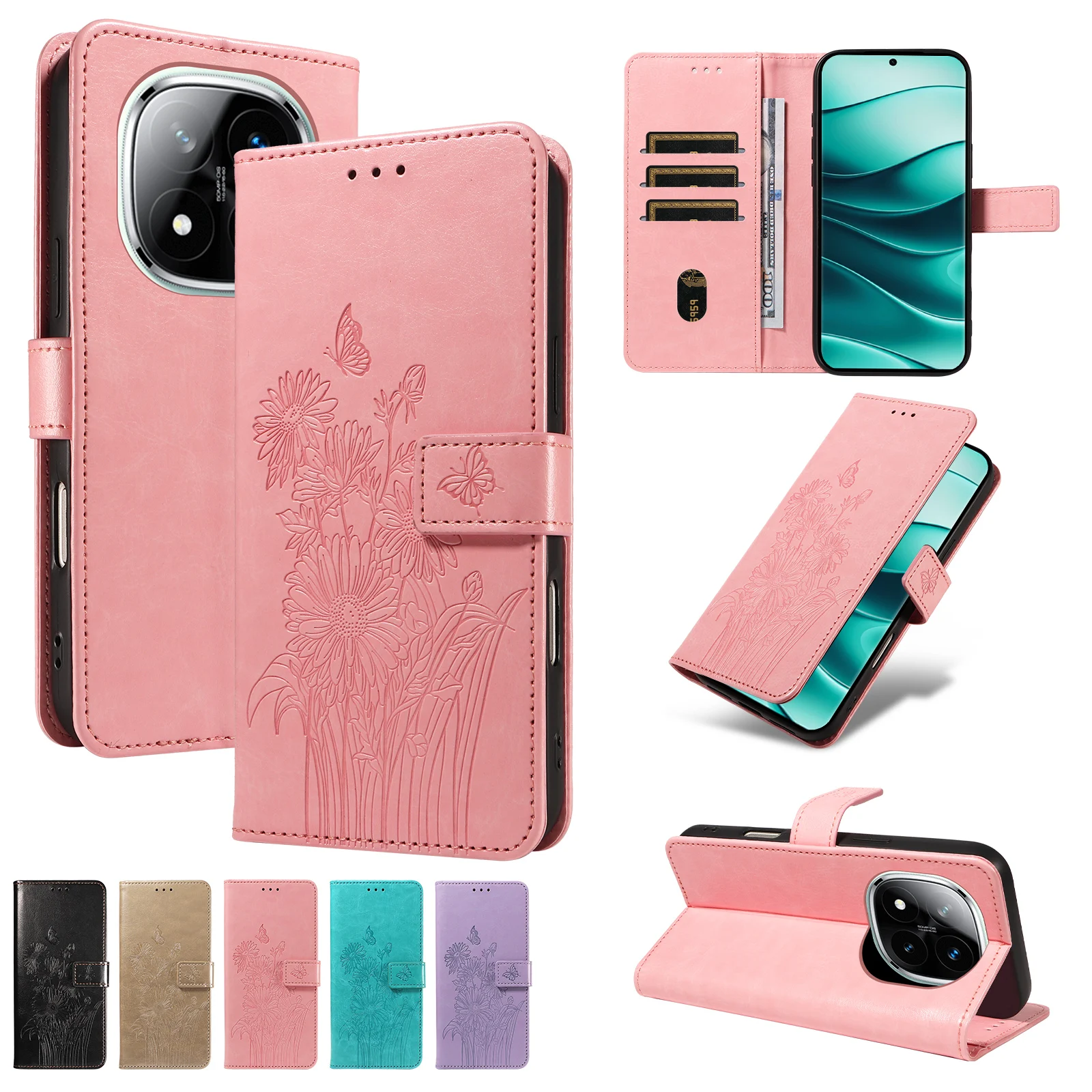 Für Redmi Note 8/9/10/11/12/13/14/15Pro Wallet-Handyhülle mit geprägtem Standfuß und Schutzhülle aus Kunstleder