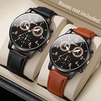 2PCs/Set Men's Watch Set Classic Versatile Fashion Casual Style Quartz Leather Watch Sport Style Business Watch Box not included 1
