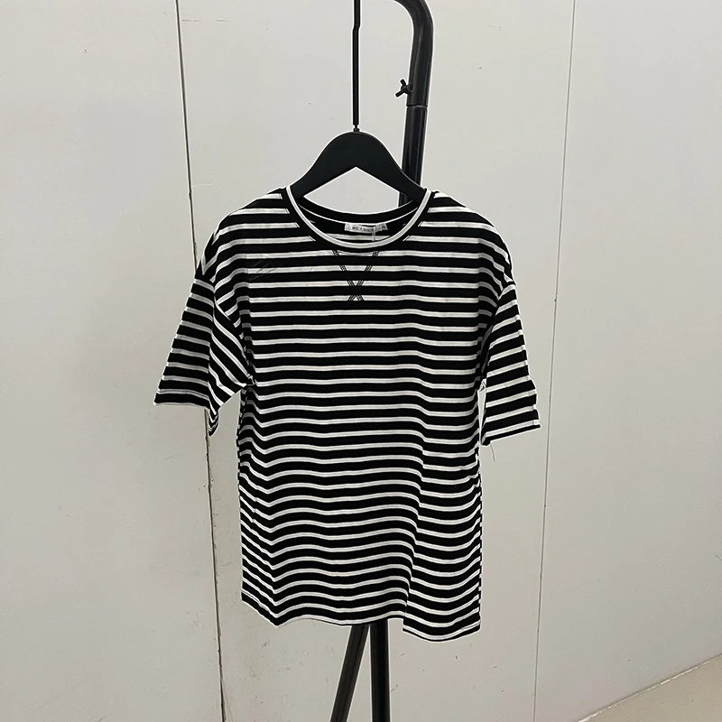 2022 Summer Short Sleeve Striped T-Shirts Women Knitted Basic Casual Tops Female Cozy Loose Cotton Tees Shirt t shirts tees good moms say bad words skeleton t shirt tee in pink size l m s