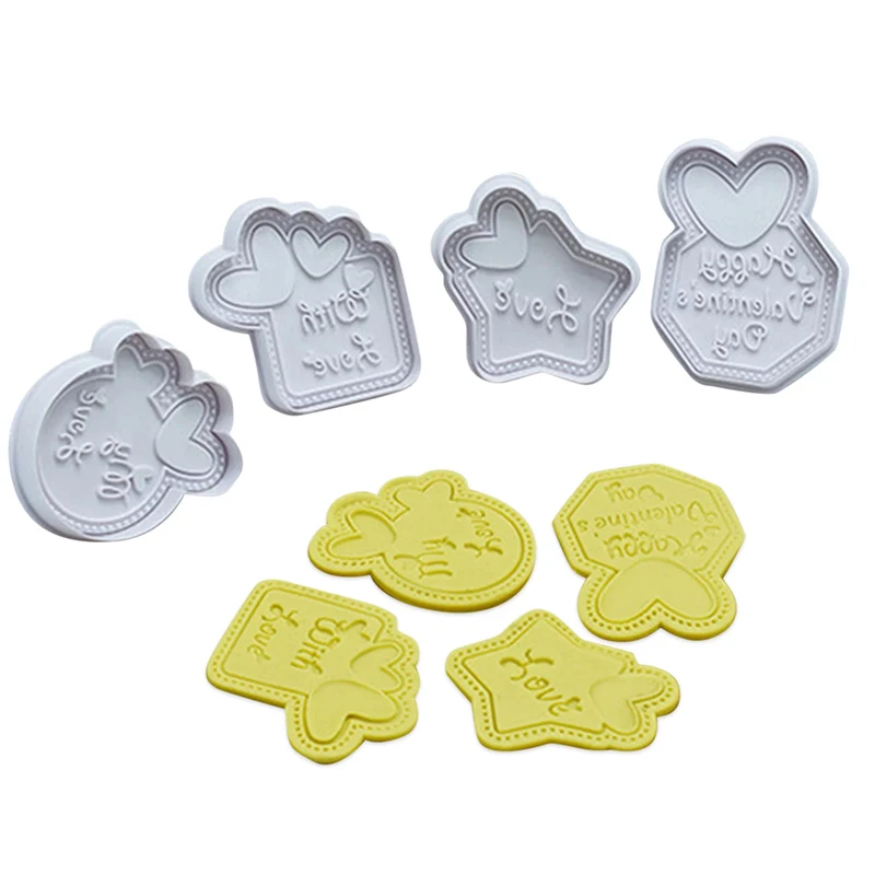 

4Pcs DIY Valentines Day Cartoon Biscuit Mould Cookie Cutter 3D Chocolates Cake Mold ABS Kitchen Baking Wedding Decorating Tools