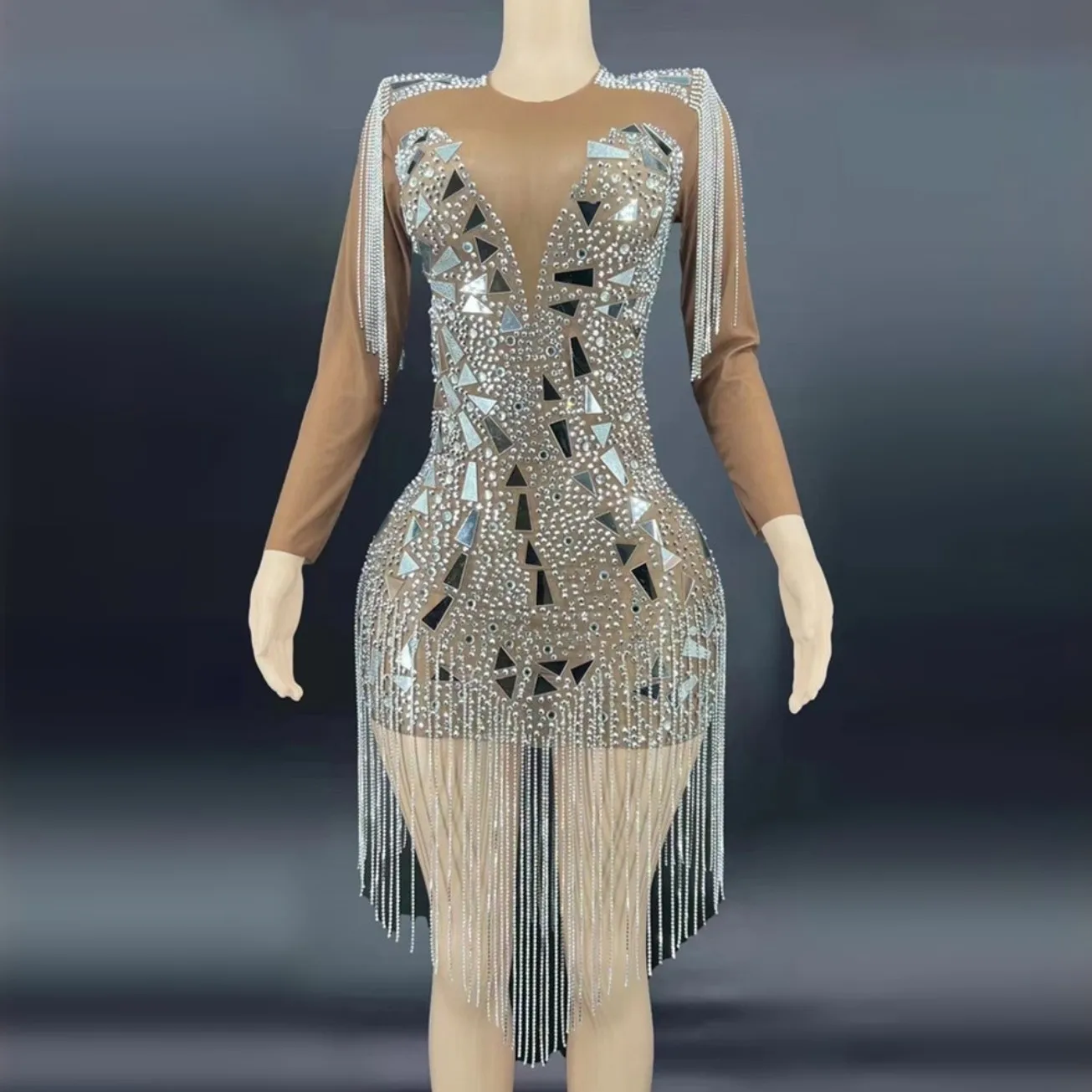 

Блестящее Сетчатое Прозрачное платье с зеркальной поверхностью и кисточками, вечернее праздничное платье для выпускного вечера, женское платье на день рождения, одежда для сцены певицы, платье для шоу