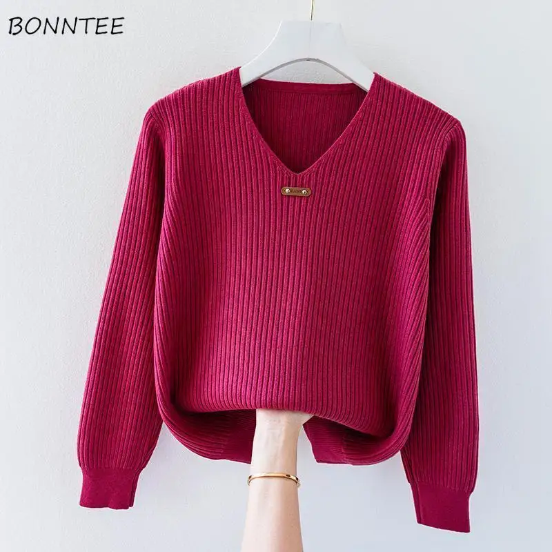 

Women Pullovers Autumn V-neck Knitted Sweaters Loose Stylish Vintage 7 Colors Knitwear Leisure Office Ladies Simple Ulzzang New