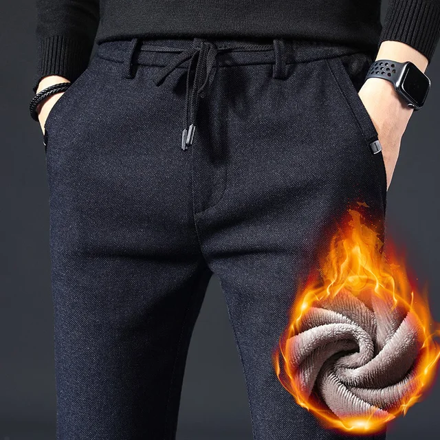 남성용 따뜻한 플리스 바지, 두꺼운 비즈니스 스트레치 바지