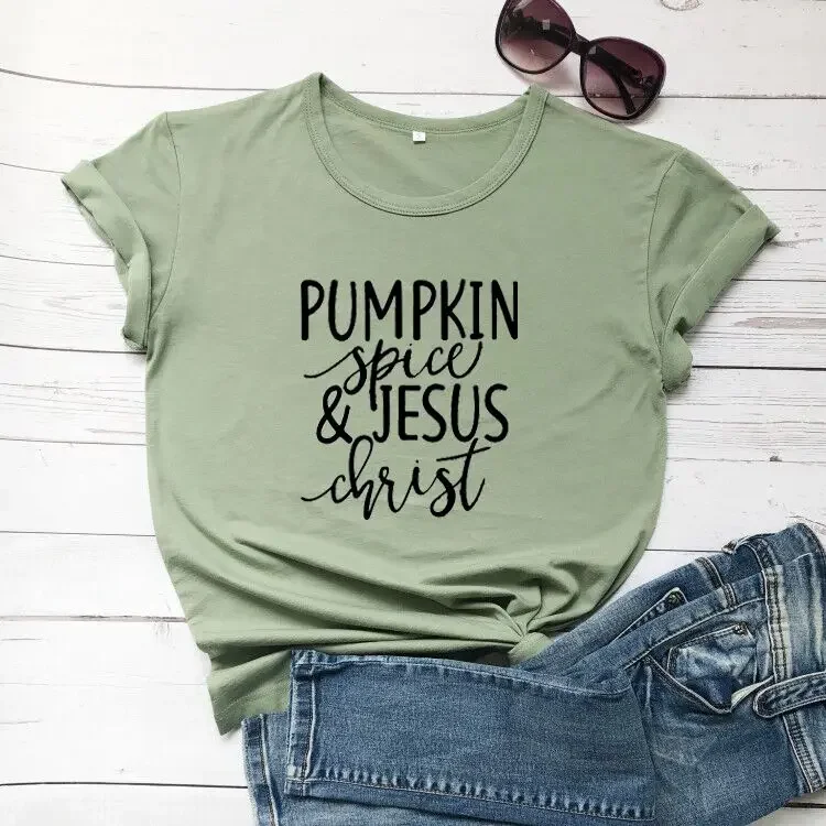 

Pumpkin Spice & Jesus Christ Women Shirts Plus Size Harajuku O Neck Female T-shirt O Neck Cotton Short Sleeve Casual Top Tees