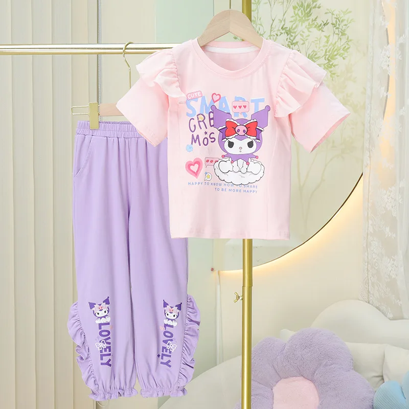 

Sanrios аниме Kawaii 2024 весна лето Kuromi для девочек с коротким рукавом Длинные брюки футболка для детей Чистый хлопок повседневный комплект из двух частей