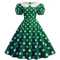 Elegant Women Summer Dress Puff Short Sleeve Polka Dot Peter pan Collar Vintage A-line Midi Long Party Sundress - Image 3