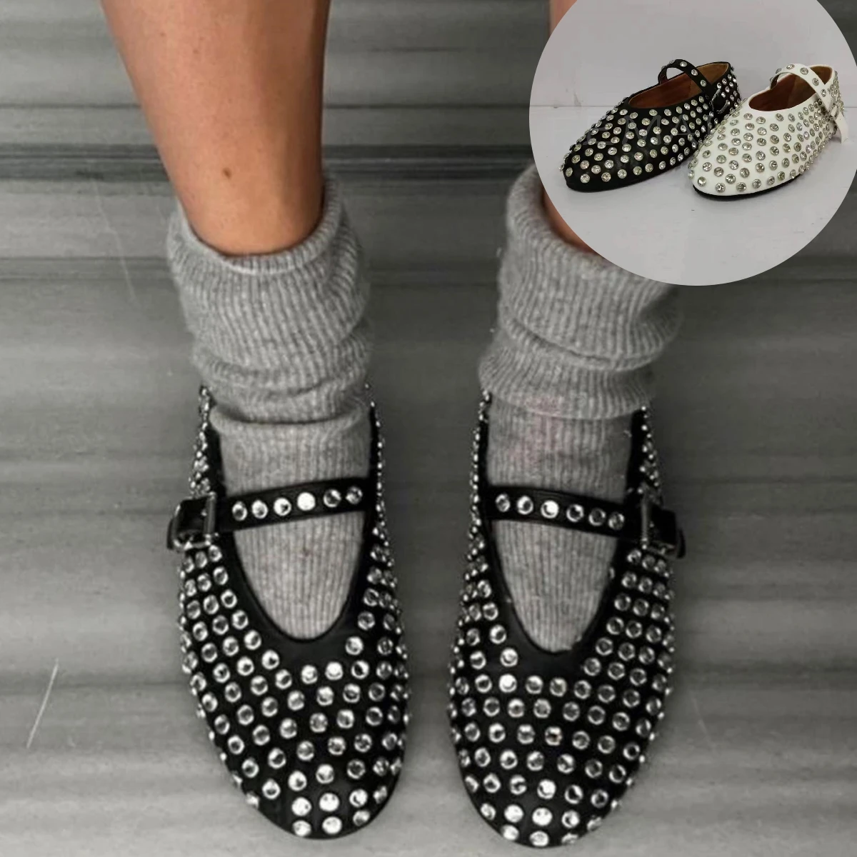 

Балетки на плоской подошве, белые, черные, красные, с кристаллами, с шипами, Мэри Джейн, элегантная балетная обувь с пряжкой и круглым носком для женщин, 2024