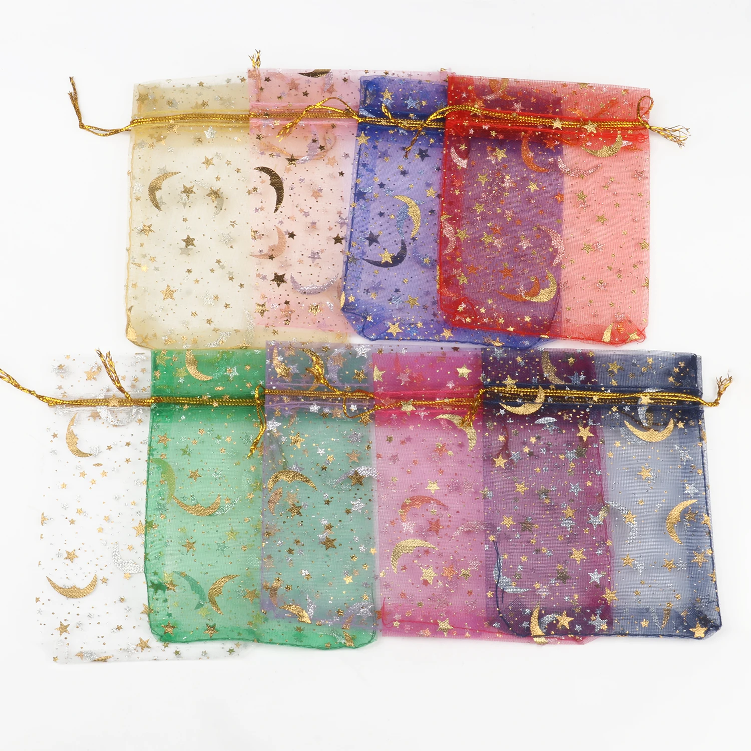 50pcs 9x12cm 11x16cm 13x18cm 17x23cm Mixed Gold Moon Star Adjustable  Drawstring Pouch Bags for Wedding Gifts Organza Jewelry - AliExpress