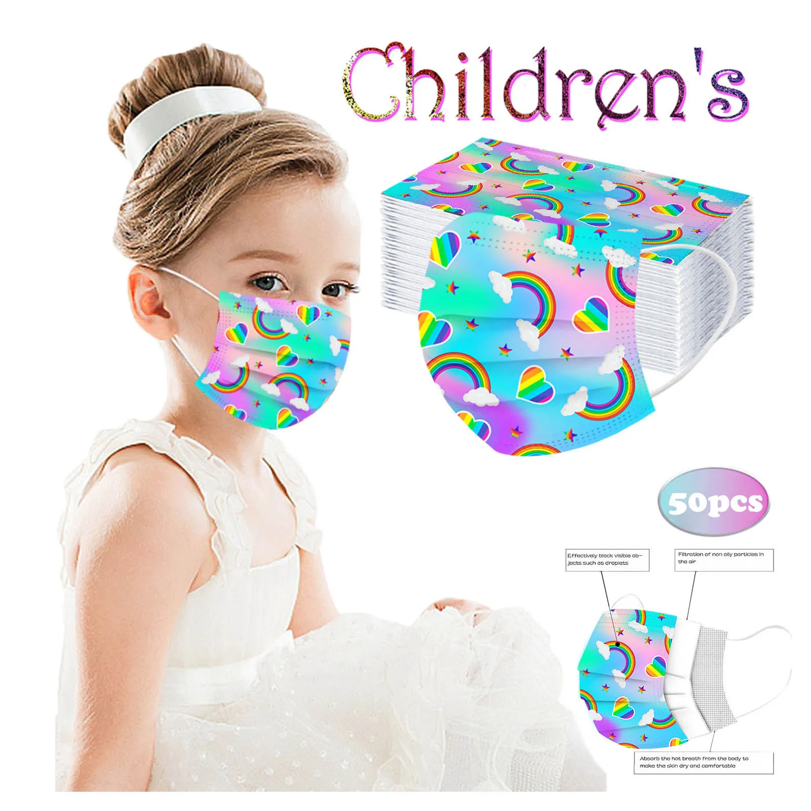 Disposable Face Mask Kids Children Industrial 3Ply Ear Loop 50PCS Outdoor Dust-Proof Protective