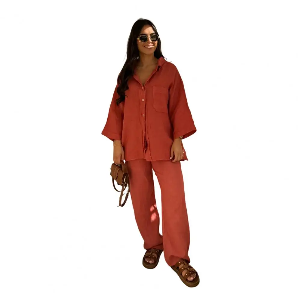 Women Summer Suit Women's Lapel V Neck Shirt Wide Leg Pants Set Solid Color Three Quarter Sleeve Top with Chest Pocket for Women