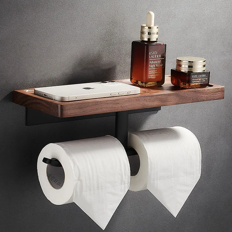 DOOKOLE Toilet Paper Holder with Black Walnut Shelf for Bathroom,Wall Mounted Toilet Paper Tissue Holder Double Roll Black