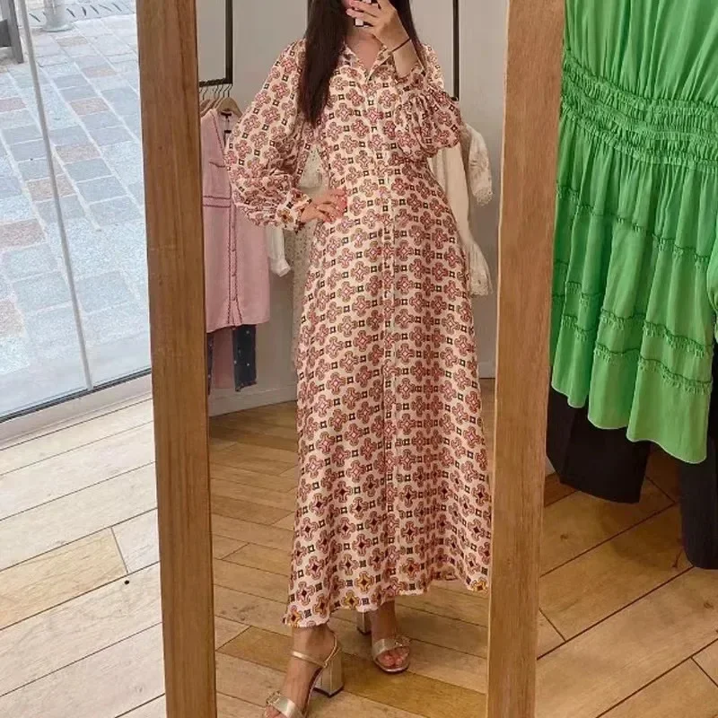 

Женское платье-рубашка средней длины, однобортное платье с отложным воротником и геометрическим принтом на раннюю осень, 2022
