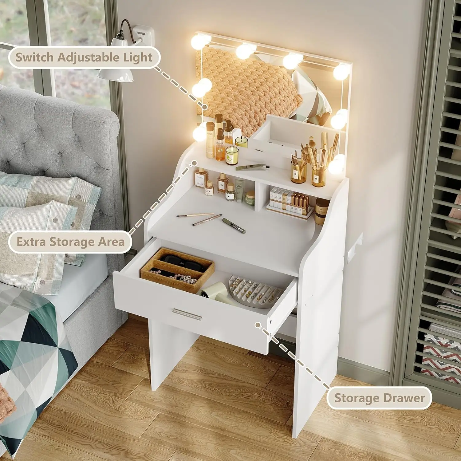 Vanity Desk with Mirror and Lights 23.6" Small Makeup Vanity Table Set with Storage Drawer 3 Lighting Modes Adjustable Brightnes