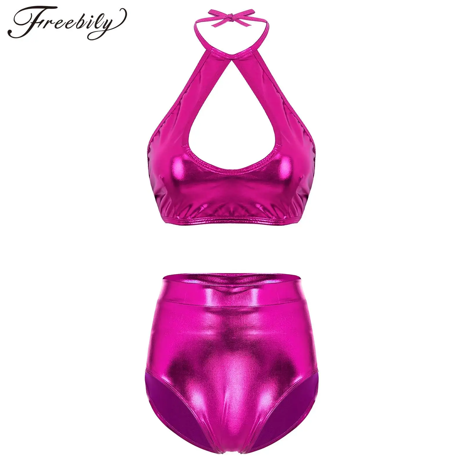 Women Metallics Shiny Bikini Set Sleeveless Halter Neck Crop Top with Shorts for Beach Pool Nightclub Party Music Festival Raves