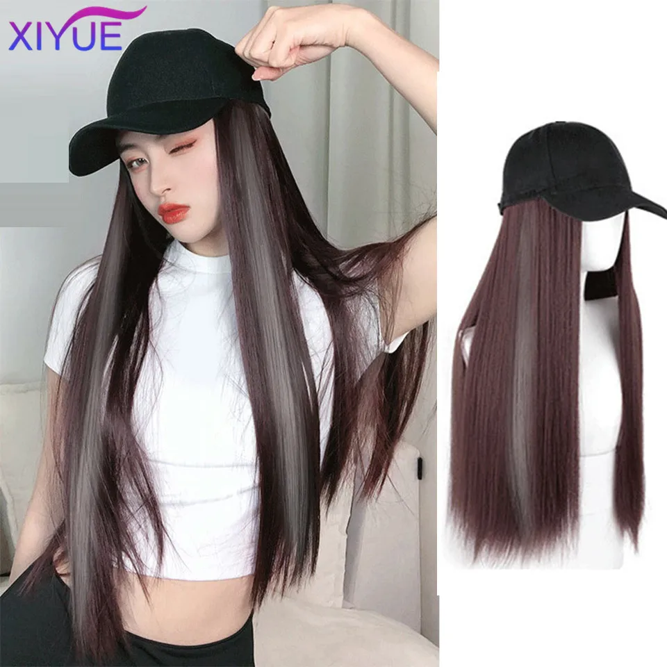

XIYUE One piece wig and hat for women fashionable and versatile ear hanging dyed long straight hair baseball hat wig