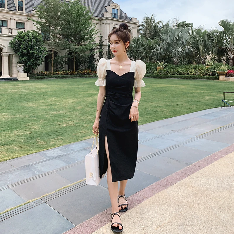 

2023 Summer New French Style Elegant Puff Short Sleeve Spliced Black Dress for Women Slim Casual Slit Long Dresses Lady C12