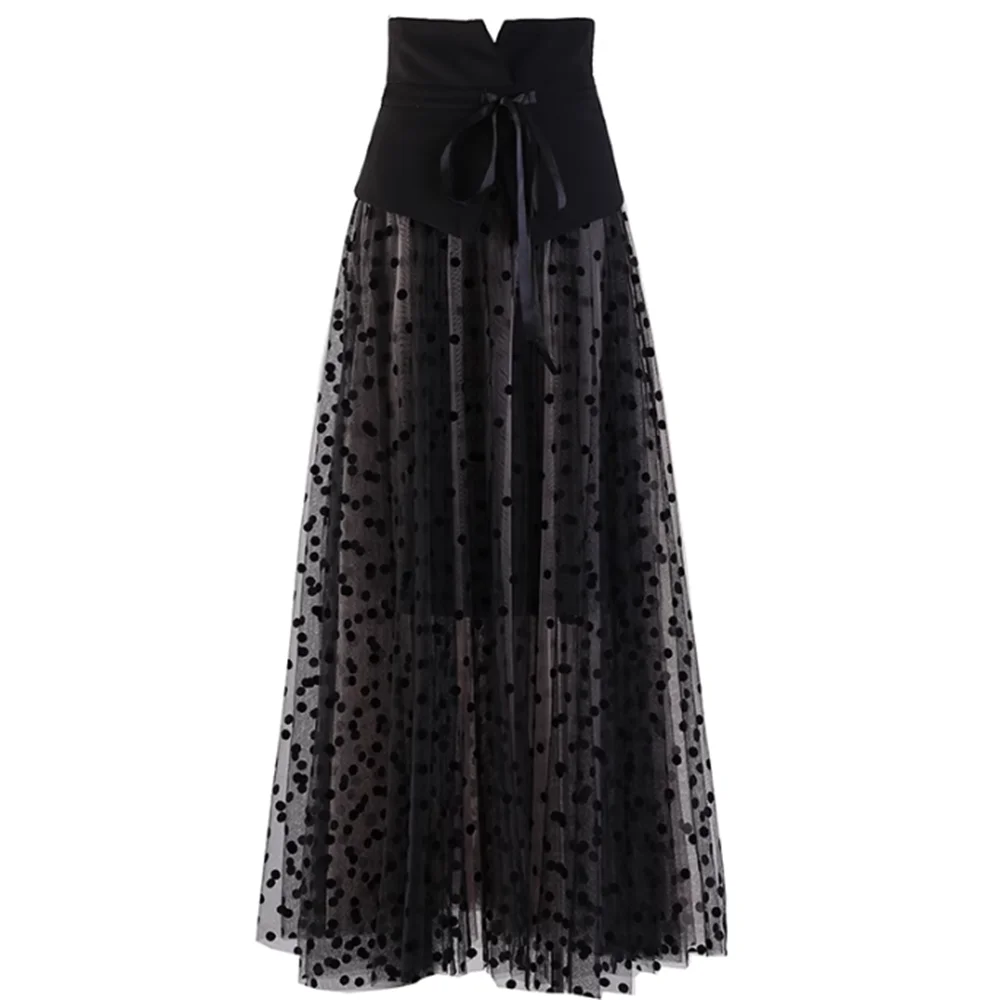 waist-sealed-half-skirt-black-pleated-high-waist-a-net-gauze-dot-skirt-women