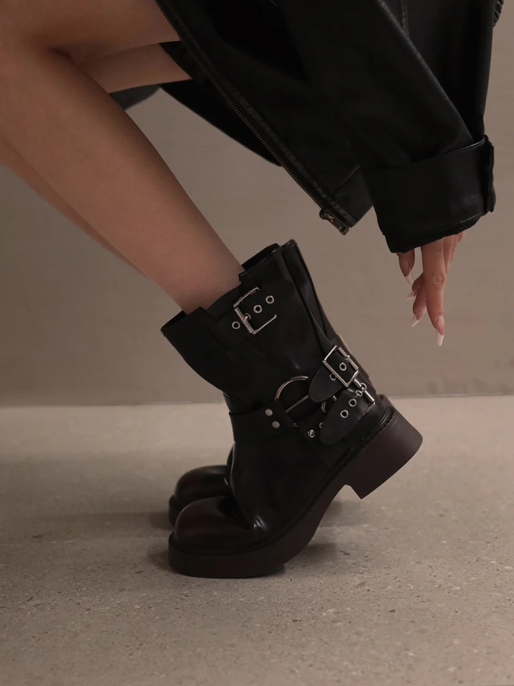 

Брендовая женская обувь, сапоги на среднем каблуке, женские сапоги с круглым носком, модная ковбойская обувь до щиколотки, осенние черные сапоги выше колена, 2023