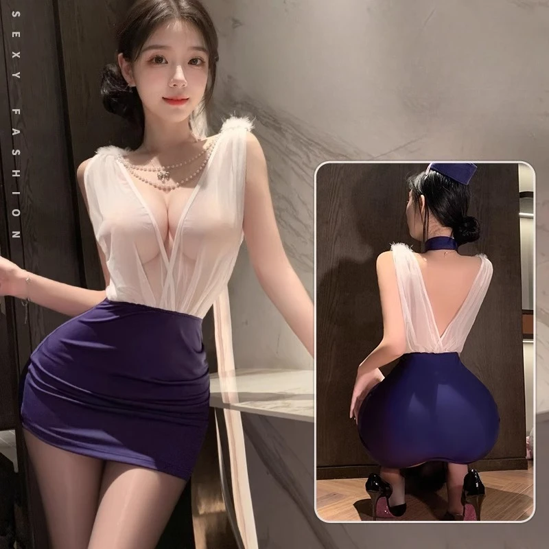 Japanese Sexy Lingerie Flight Attendant Cosplay Costumes Erotic Lingerie Perspective Stewardess Outfit Secretary Hip Wrap Skirt