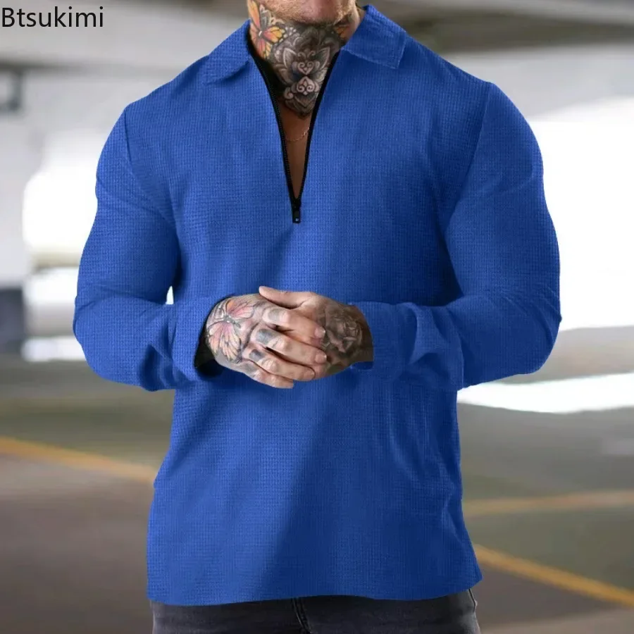 Nuove Polo a Maniche Lunghe da Uomo, Comode e Traspiranti, in Tessuto Waffle, T-shirt Tinta Unita, Moda con Mezza Zip e Colletto, Casual, per Golf e Sport - immagine 6