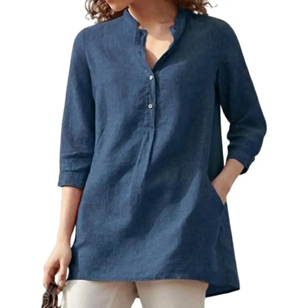 

Elegant Cotton Linen Shirts Women Casual Solid Button Lapel Blouses Shirts Autumn Winter 3/4 Sleeve Loose Tops Tunic Blusas