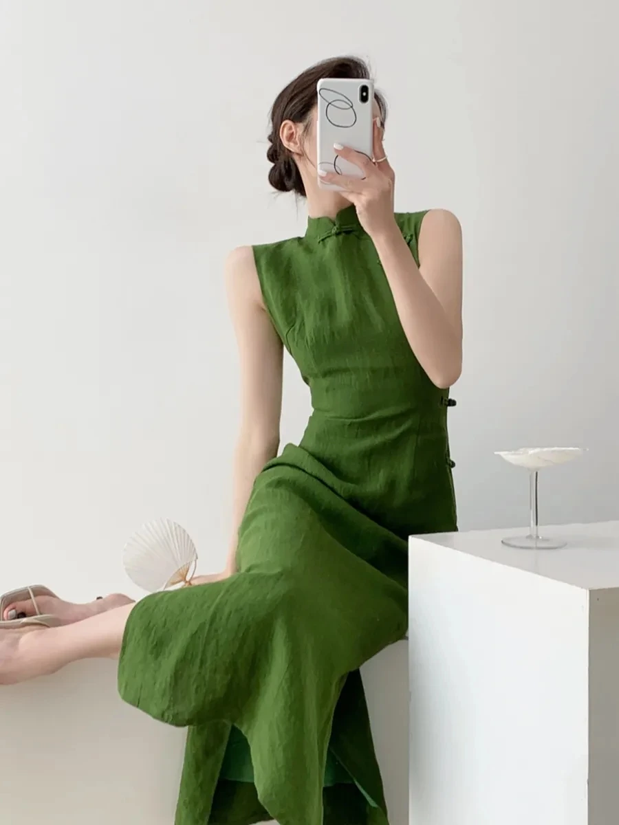 vintage natural literature art chinese style daily improved leisure qipao sexy sleeveless waist cinching slit qipao