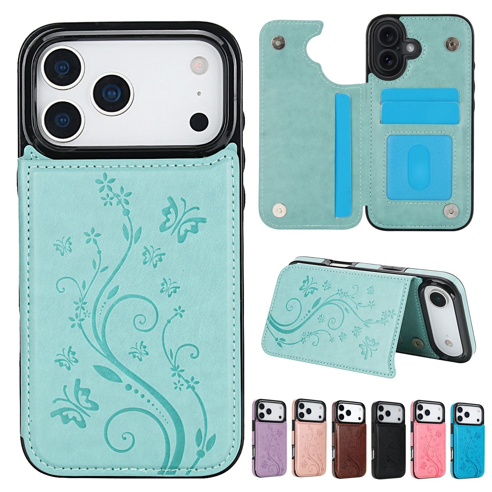 Elegant Butterfly Press Leather Wallet Case with Double Buckle Stand and Card Holder