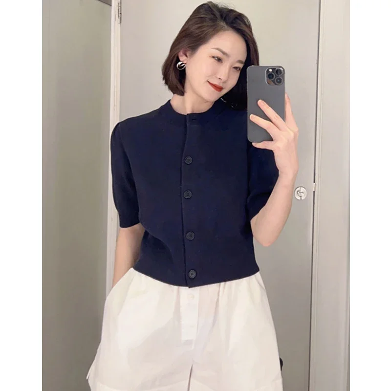 

2023 Spring/Summer New Cardigan Women Slim Fit Short Round Neck Knitted Cardigan
