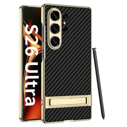 Premium Electroplated Leather Camera Protection Phone Case with Stand Housing - GKK Quality - Samsung S24Ultra (Carbon Fiber)