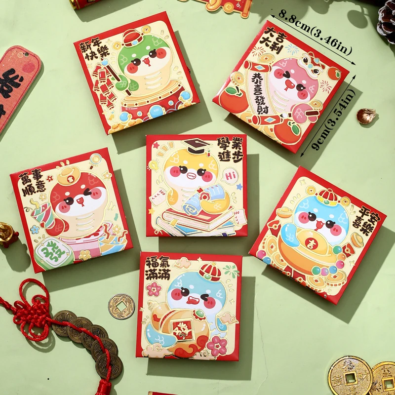Houseeker 6pcs Lovely Cartoon Red Packets 2025 CNY Lucky Snake New Year Cash Gift Bags Blessing Red Envelope for Spring Festival