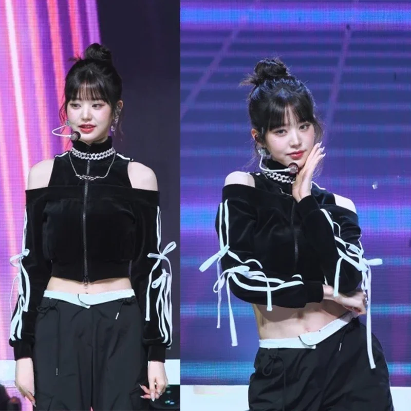 

Корейская певица Kpop, модная одежда для джазовых танцев, женская черная пикантная бархатная куртка с открытыми плечами, наряды в стиле хип-хоп, одежда для выступлений на сцене