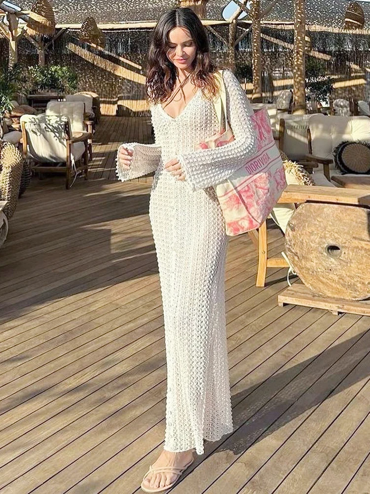 

Sexy Women Long Knit Beach Dress See Through Deep V-Neck Long Sleeve Bikini Cover-Ups Dress Fall Party Casual Holiday Dress