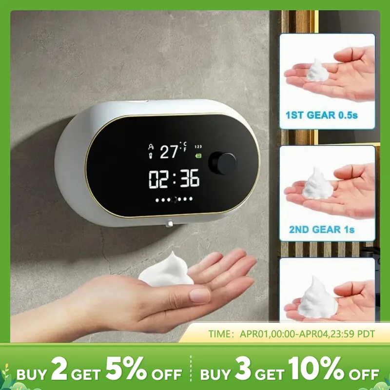 전기 자동 비누 거품 총, 귀여운 거품 기계, 어린이 휴대용 야외 파티 장난감, LED 조명 송풍기 장난감, 어린이 선물 9 크리에이티브 액체 거품 비누 디스펜서, 시간 온도 표시, 인체 유도 손 세척, 방수 자동 비누 디펜서