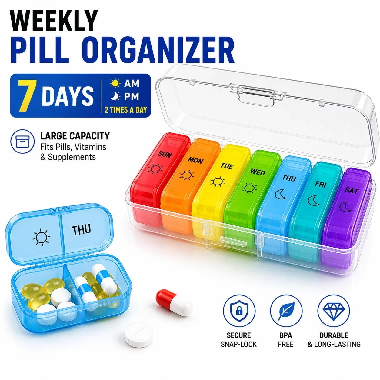 7-Day Weekly Pill Organizer with Secret Compartments, Portable Travel Medicine Storage Box