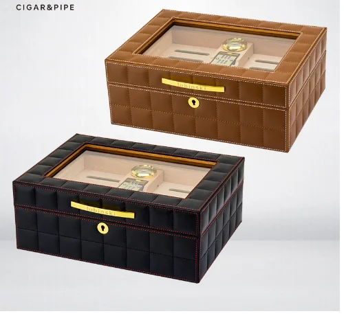 

Leather Cigar Humidor Puro Case Box Lining Cedar Wood Humidors W/ Portable Humidifier Charuto Hygrometer Professional
