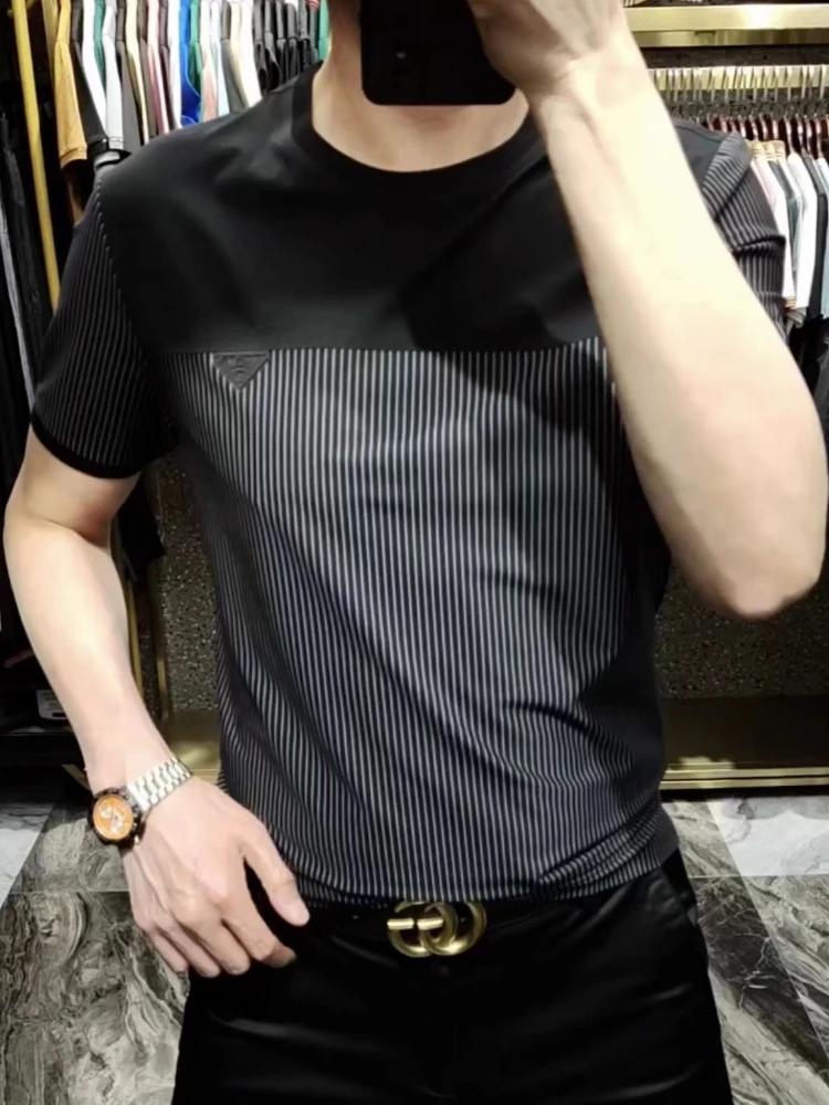 

Футболка мужская в полоску, приталенная рубашка с соединением, с круглым вырезом, хлопок, Повседневная модная эластичная, уличная одежда