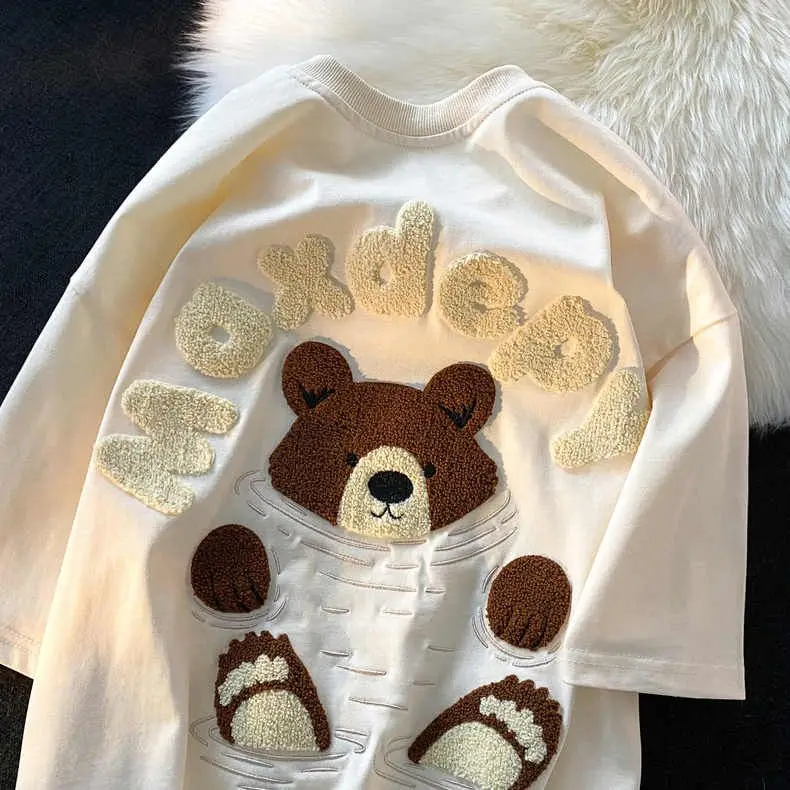 

Cotton summer new bear cartoon towel embroidered short sleeved men and women niche oversize couple t-shirt ins y2k top harajuku