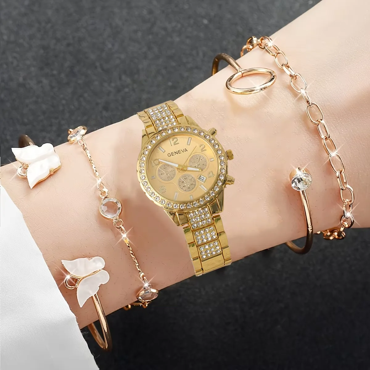 5pcs -Digital dial display with gold case and rhinestone design , Jewelry Set - Three Eye Alloy Watch+Butterfly Bracelet - Perfe