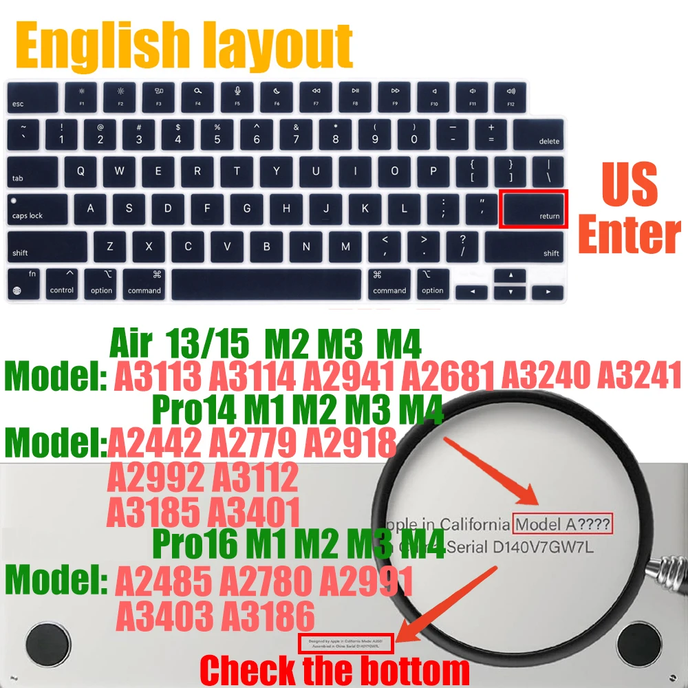 Universal Keyboard Cover for MacBook 2023 dòng Pro và Air - Bố Cục EU/US + Ngôn Ngữ Đa Quốc Gia