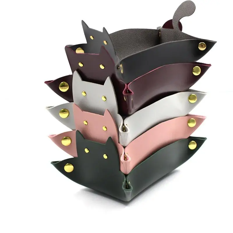 

Leather Tray Cat Shape Organizer Collapsible Phone Key Wallet Coin Desktop Bin Sundries Box Storage Trays Kitchen Accessories