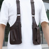 Sacs à bandoulière arrière pour hommes, Double bandoulière multi-poches, gilet tactique antivol d'extérieur, sac de poitrine imperméable en cuir PU 2