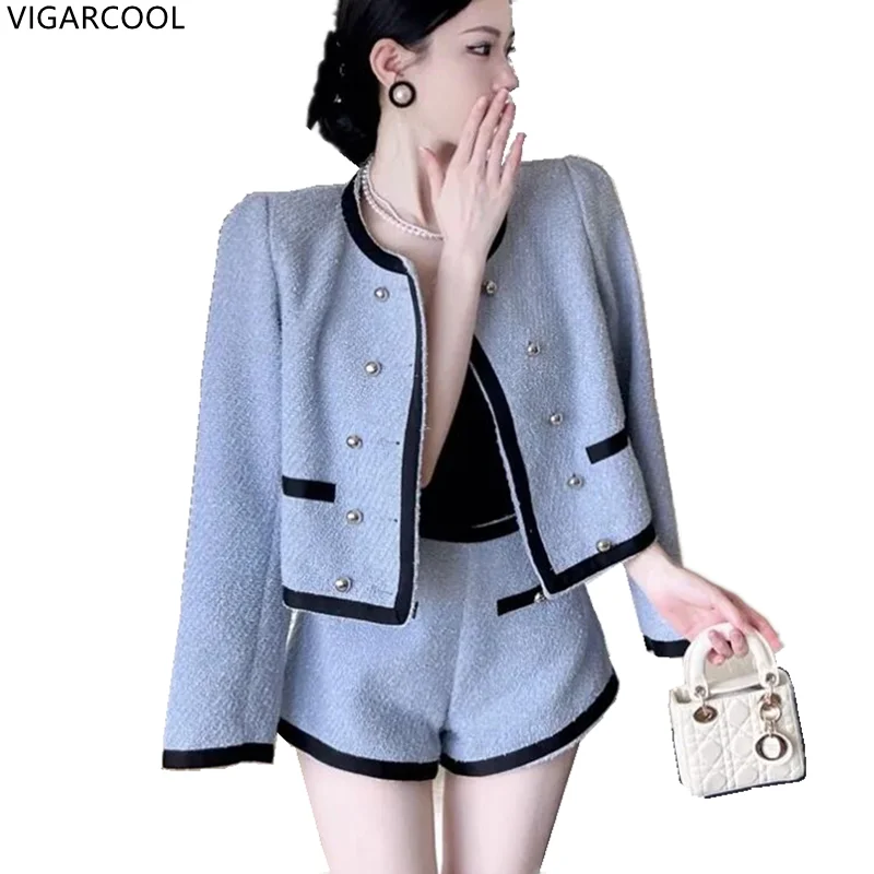 

2022 Autumn Elegant Tweed Shorts Suit Women O-Neck Long Sleeve Woolen Jackets Coat And Shorts 2-Piece Set Korean Female Outfits